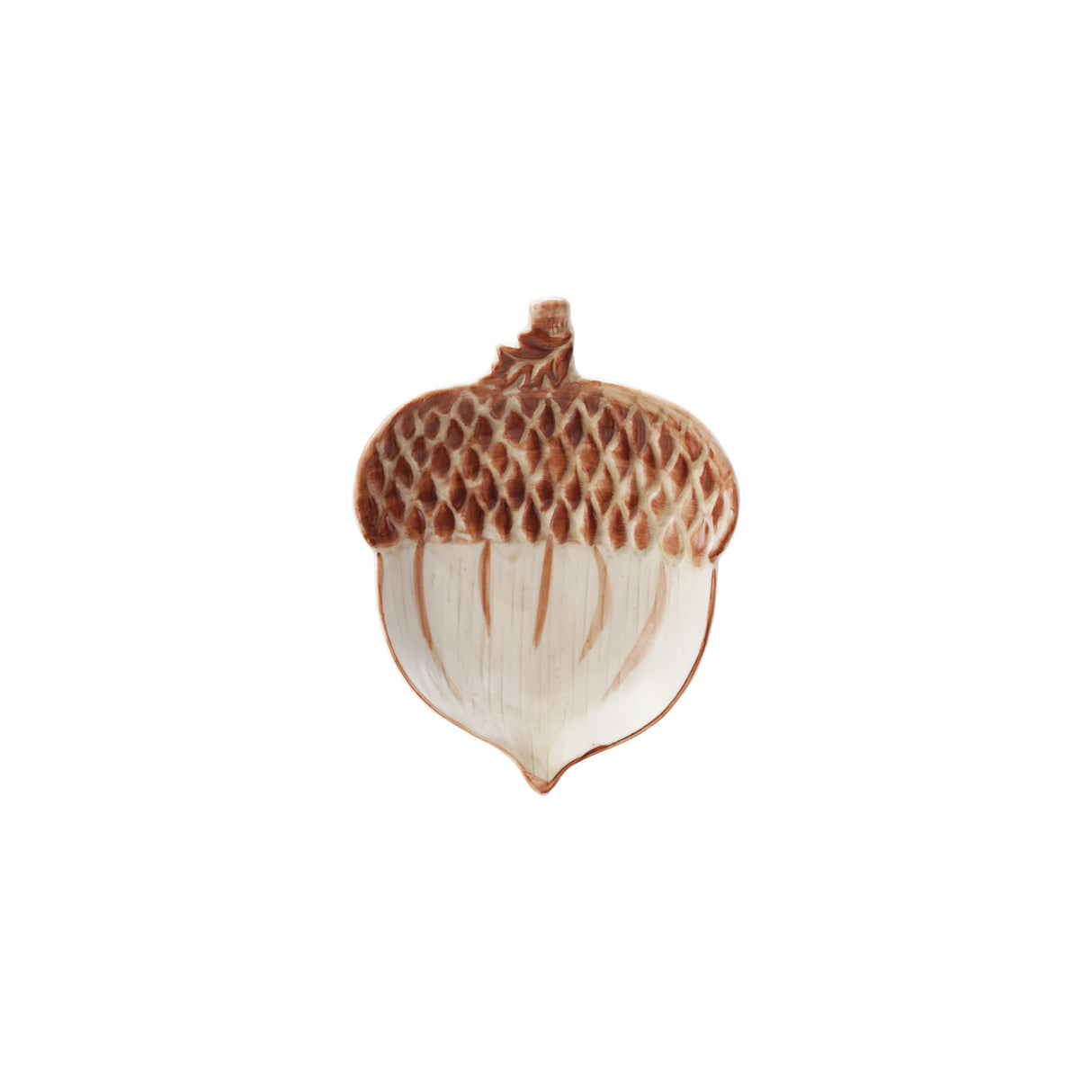 Hand Painted Stoneware Acorn Shaped Dish -Brown-Cream Color