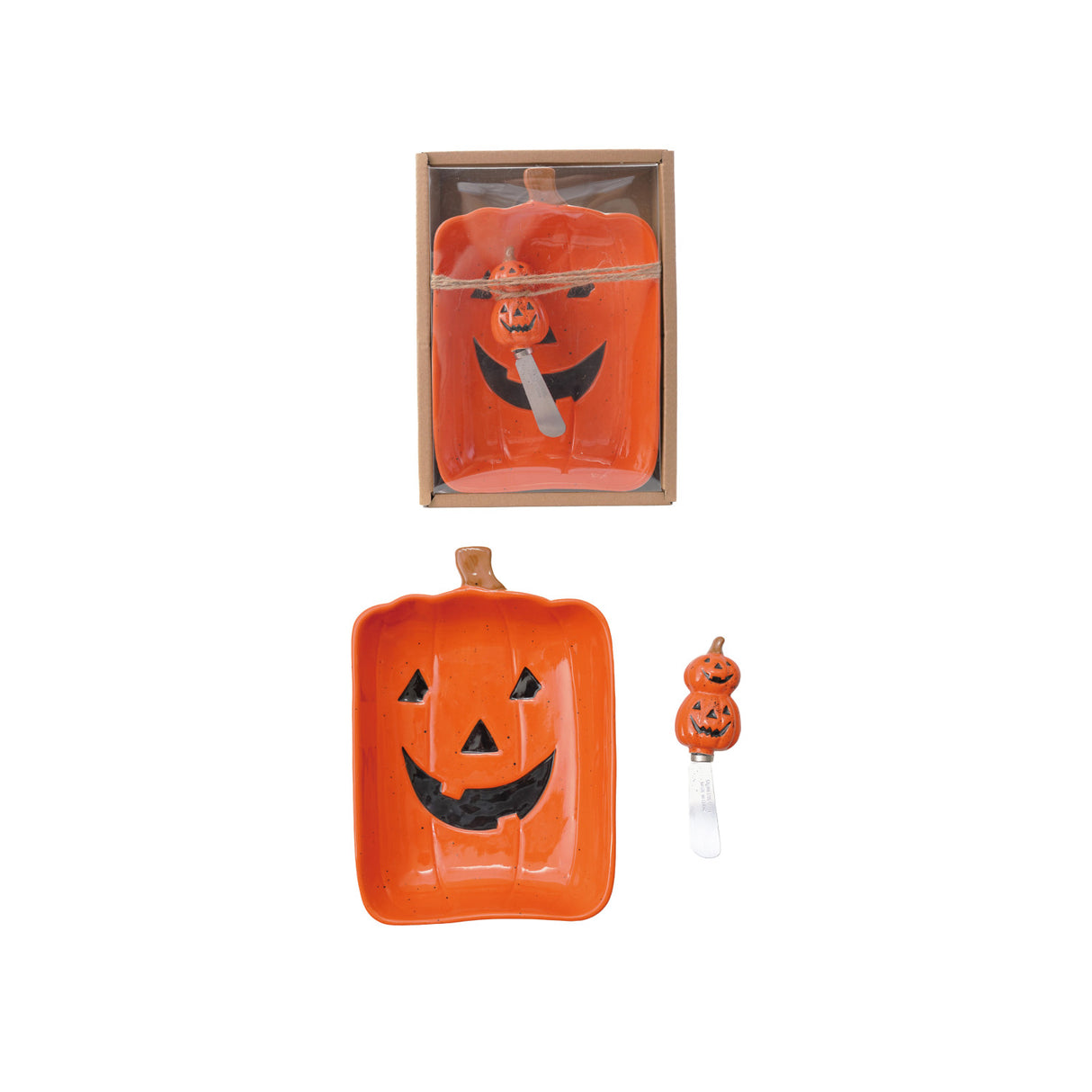 Jack-O-Lantern Dish with Canape Knife Boxed -Set of 2 Tied with Jute