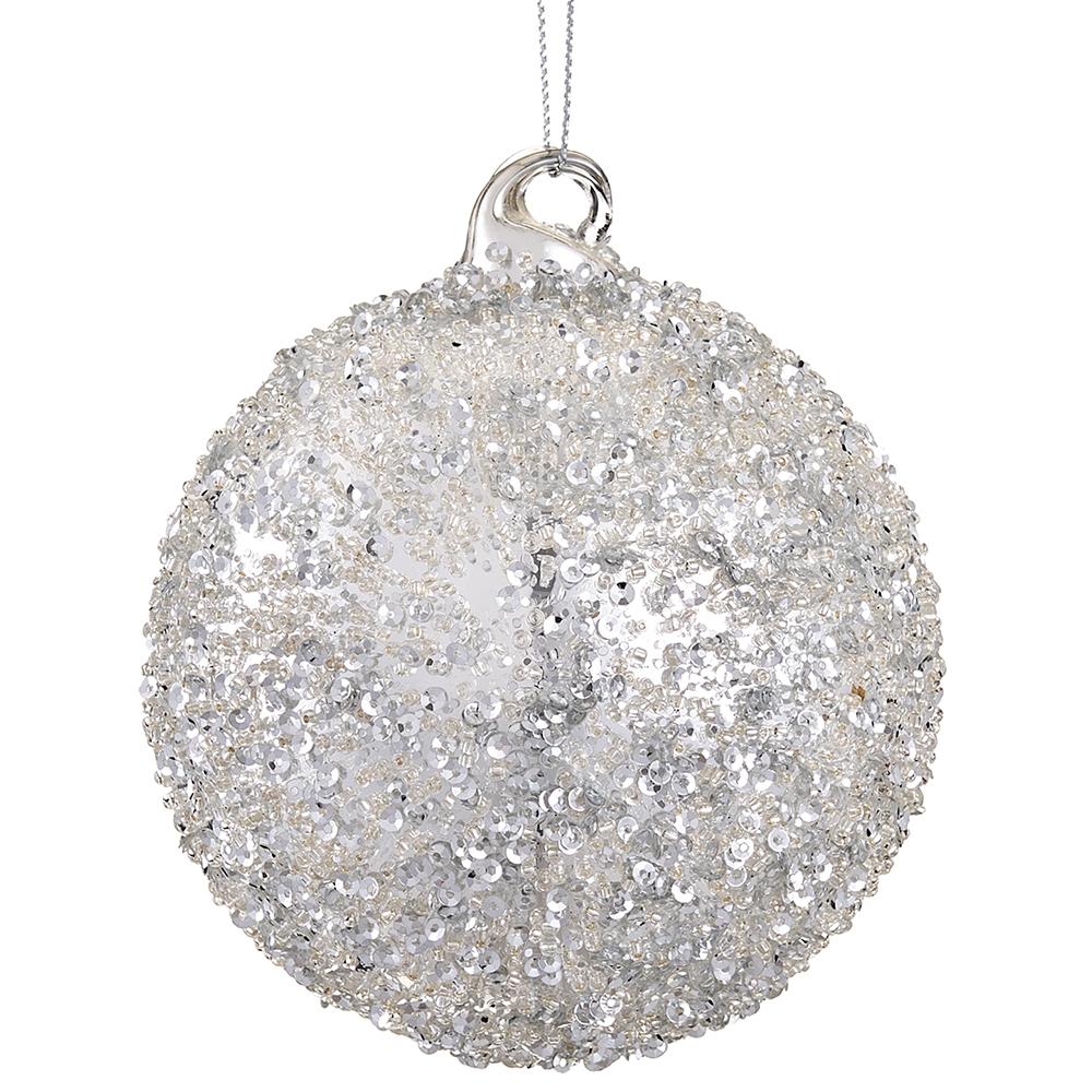 4" Glitter Glass Ball Ornament - Silver
