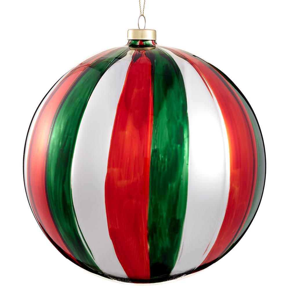 8" Glass  Ball Ornament   - Red + Green