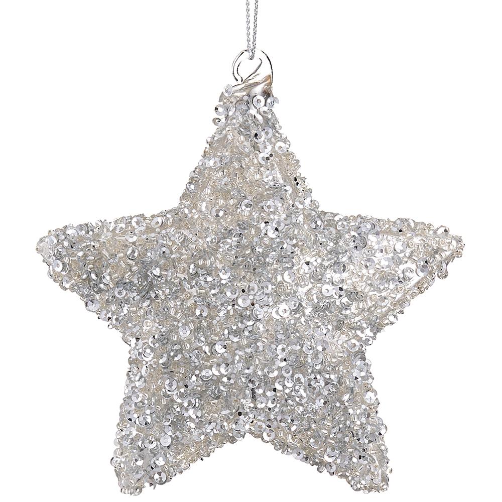 4" Glitter Glass Star Ornament - Silver