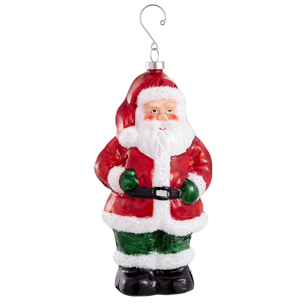 8" Glass   Santa Ornament   - Green + Red