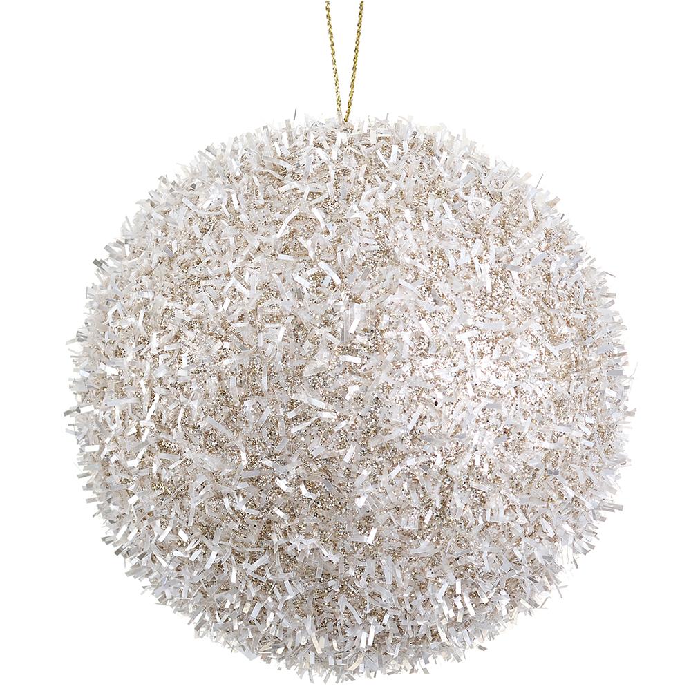 4"  Tinsel Ball Ornament   - Cream + Gold