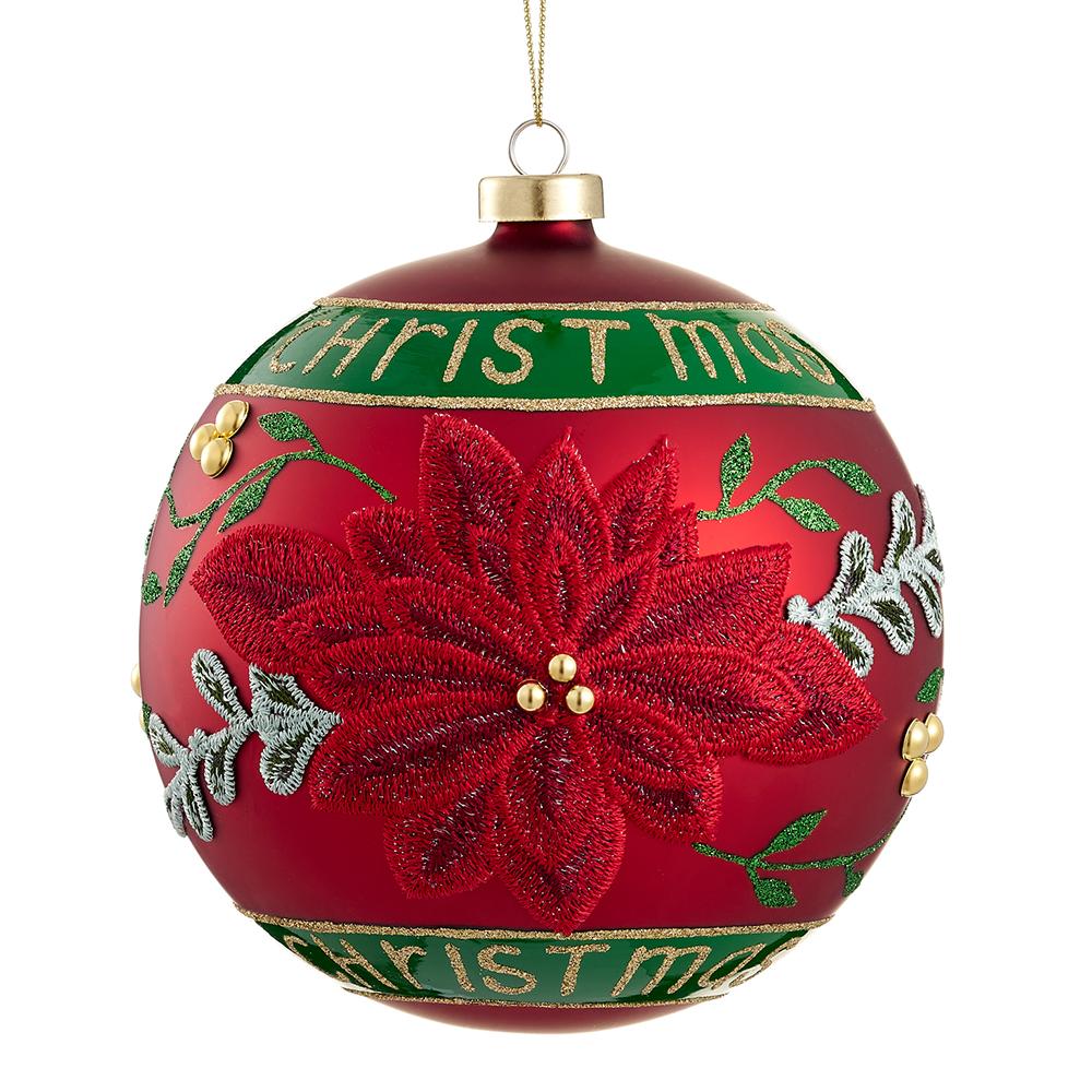 6" Poinsettia Glass Ball Ornament