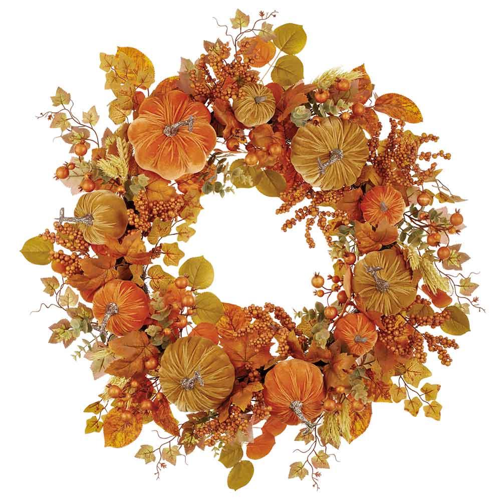 30"  Velvet Pumpkin + Berry Wreath - Orange + Green