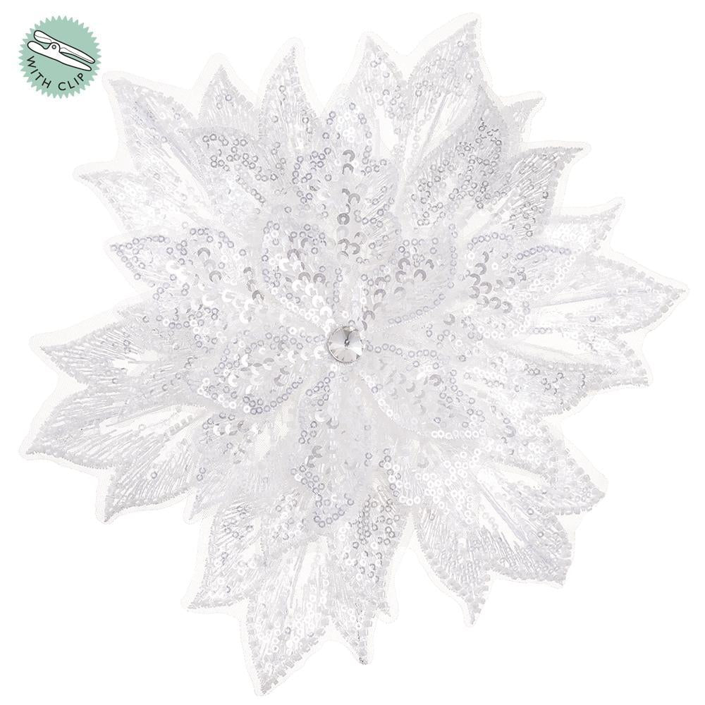 10"Bead Lace Poinsettia W/Clip - White