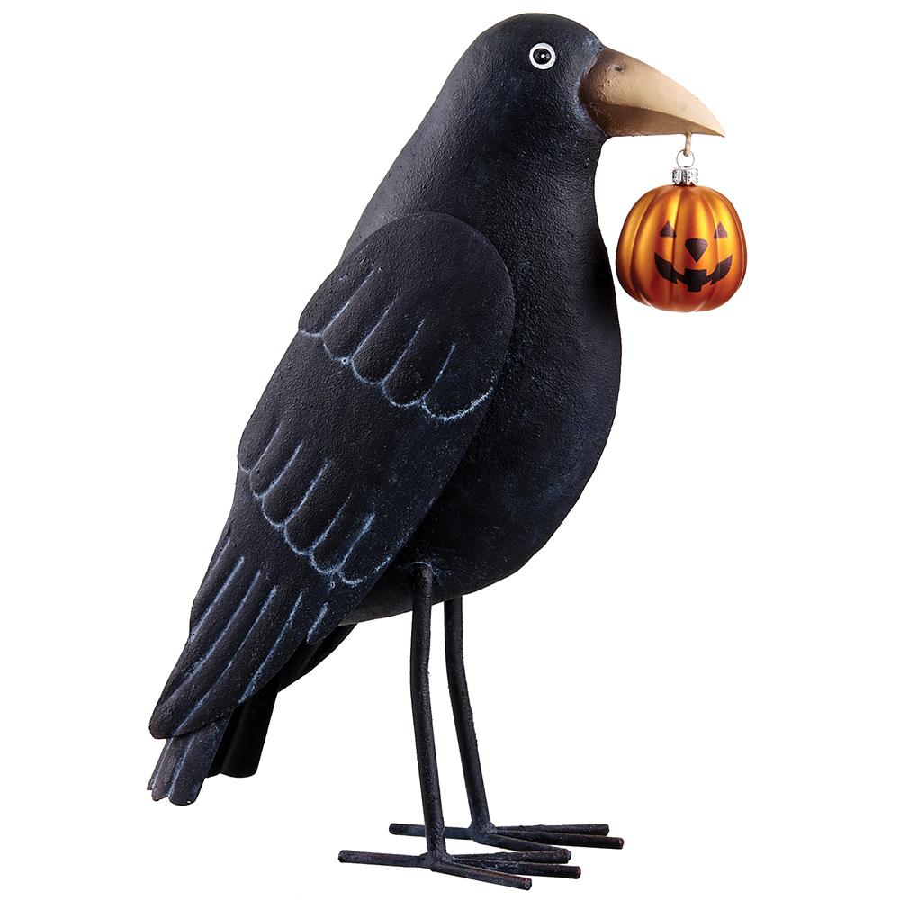12"Crow Holding A Jack-O-Lant. - Black Gray