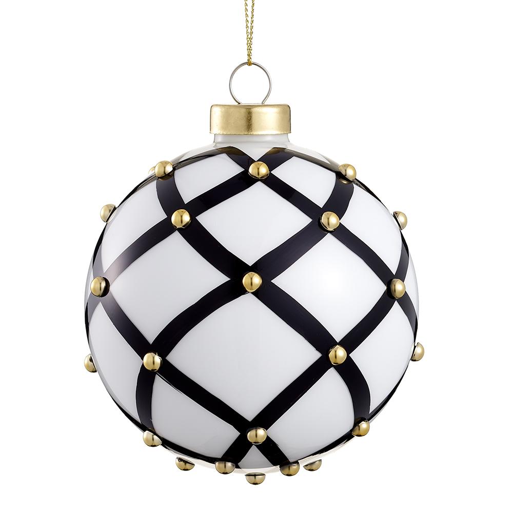 4" Beaded Glass Ball Ornament  - Black + White