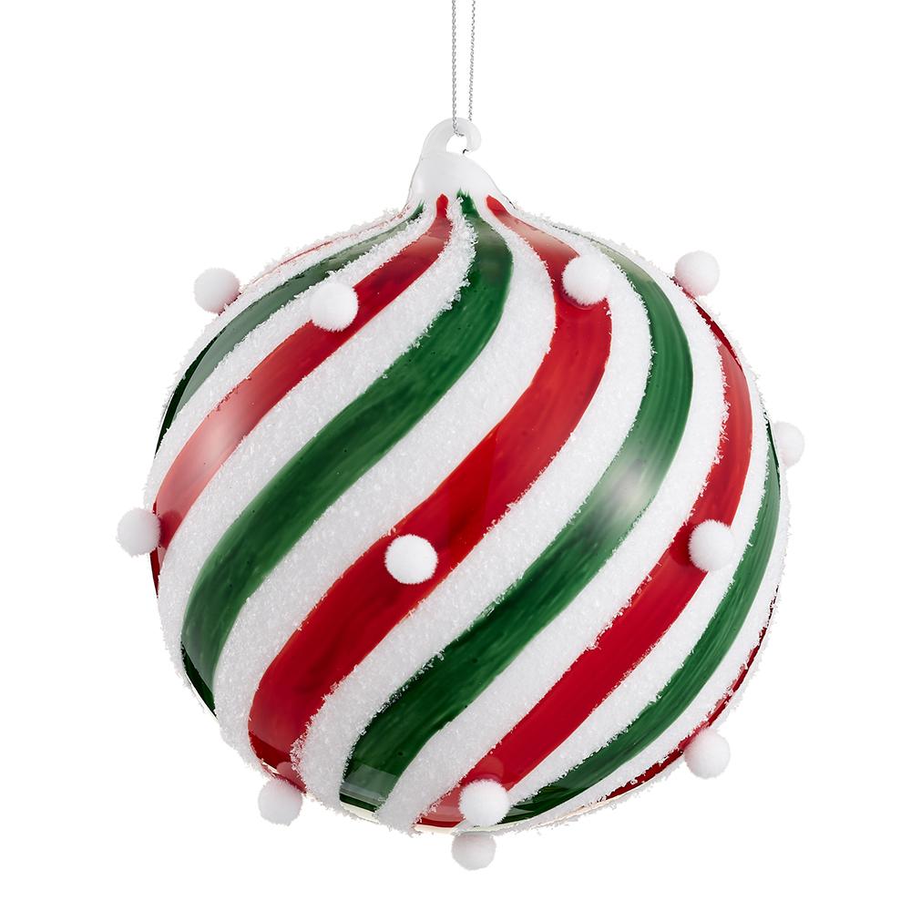 6" Snowed Pompom Glass  Ball Ornament
