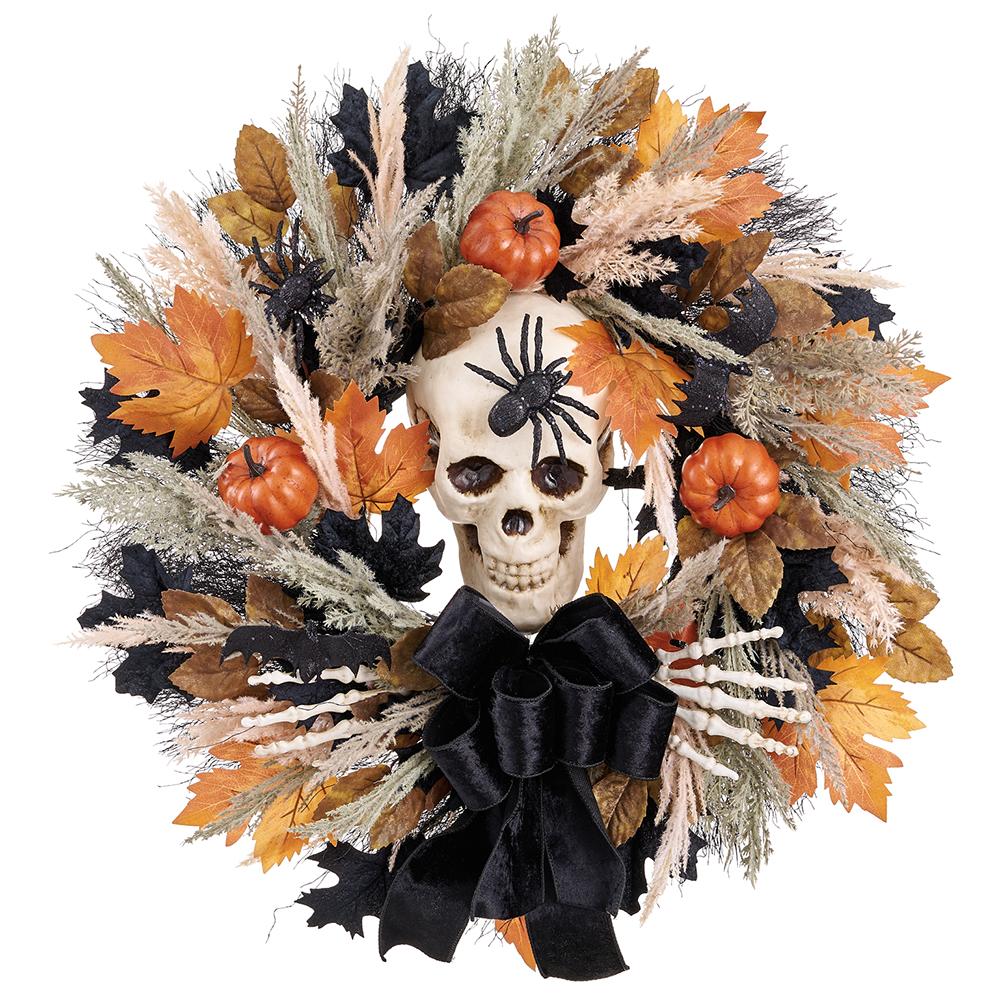 26"Skull/Skelton/Pumpk. Wreath - Orange Black