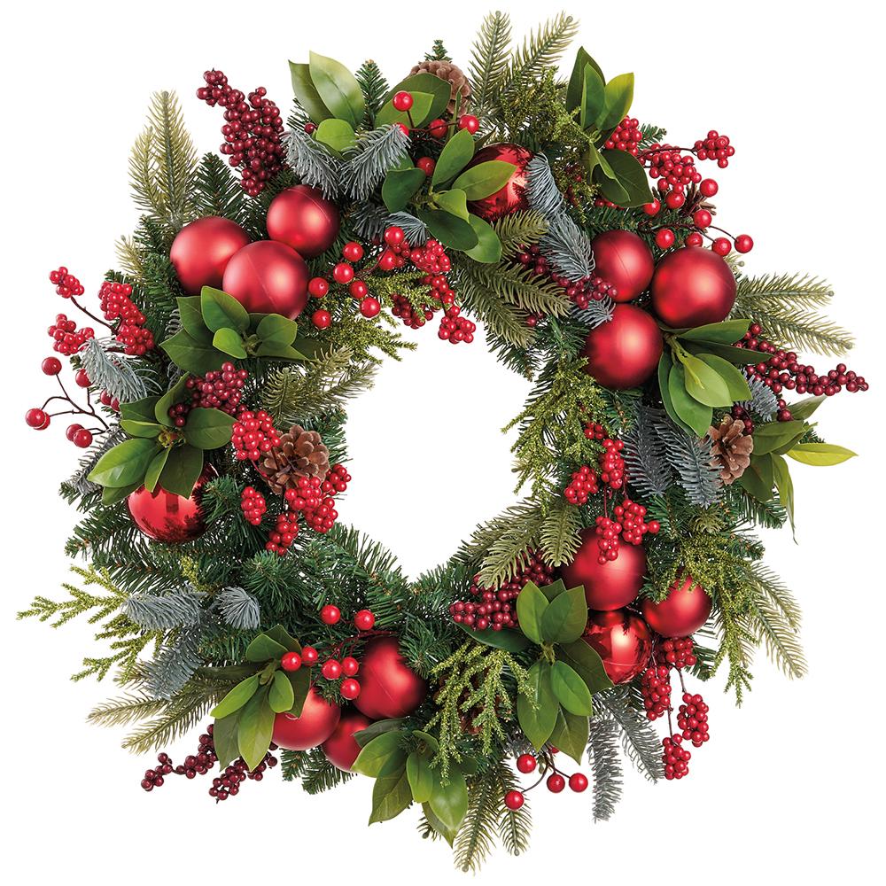 24"Orna.Ball/Ber/P.Cone Wreath - Red Green