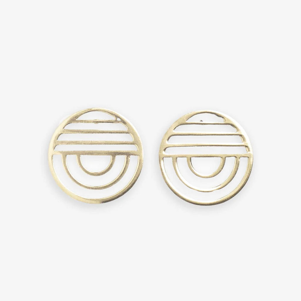 Coco Lines and Rainbow Rounded Post Earrings - brass