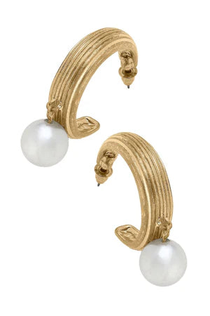 Cultured Pearl Ribbed Hoop Earrings in Worn Gold