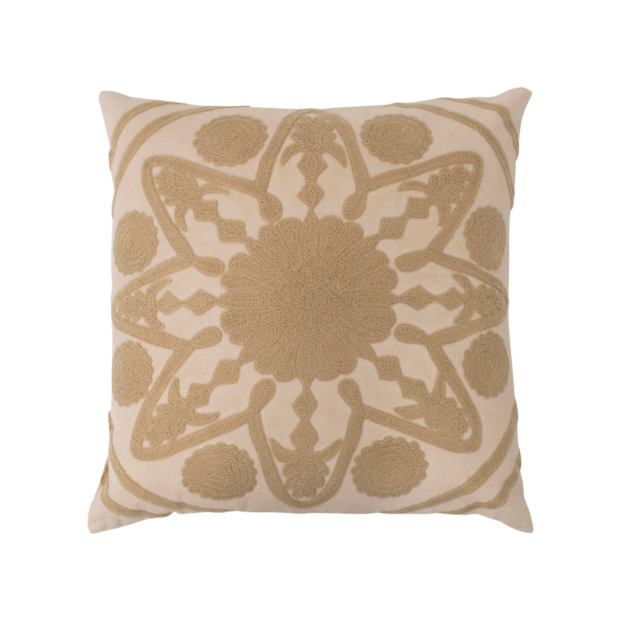 20" Cotton Pillow w/ Embroidery & Beige -  Polyester Fill