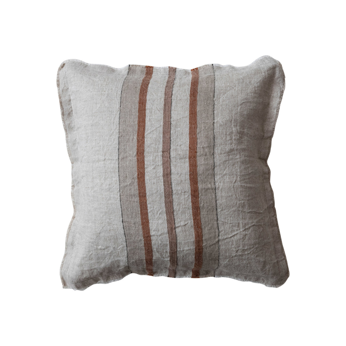 20" Square Woven Linen Pillow w/ Stripes -  Cotton Slub Back & Fringe