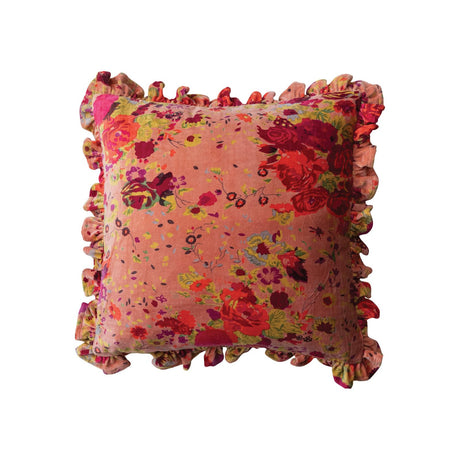 20" Square Cotton Velvet Printed Pillow w/ Floral Pattern