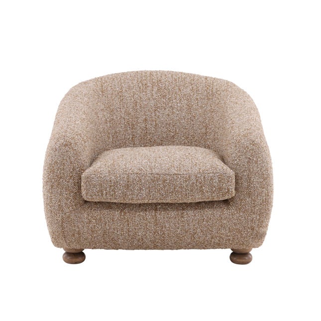 Peggy Occasional Chair in brown upholstery with mid-century modern design and tapered wood legs