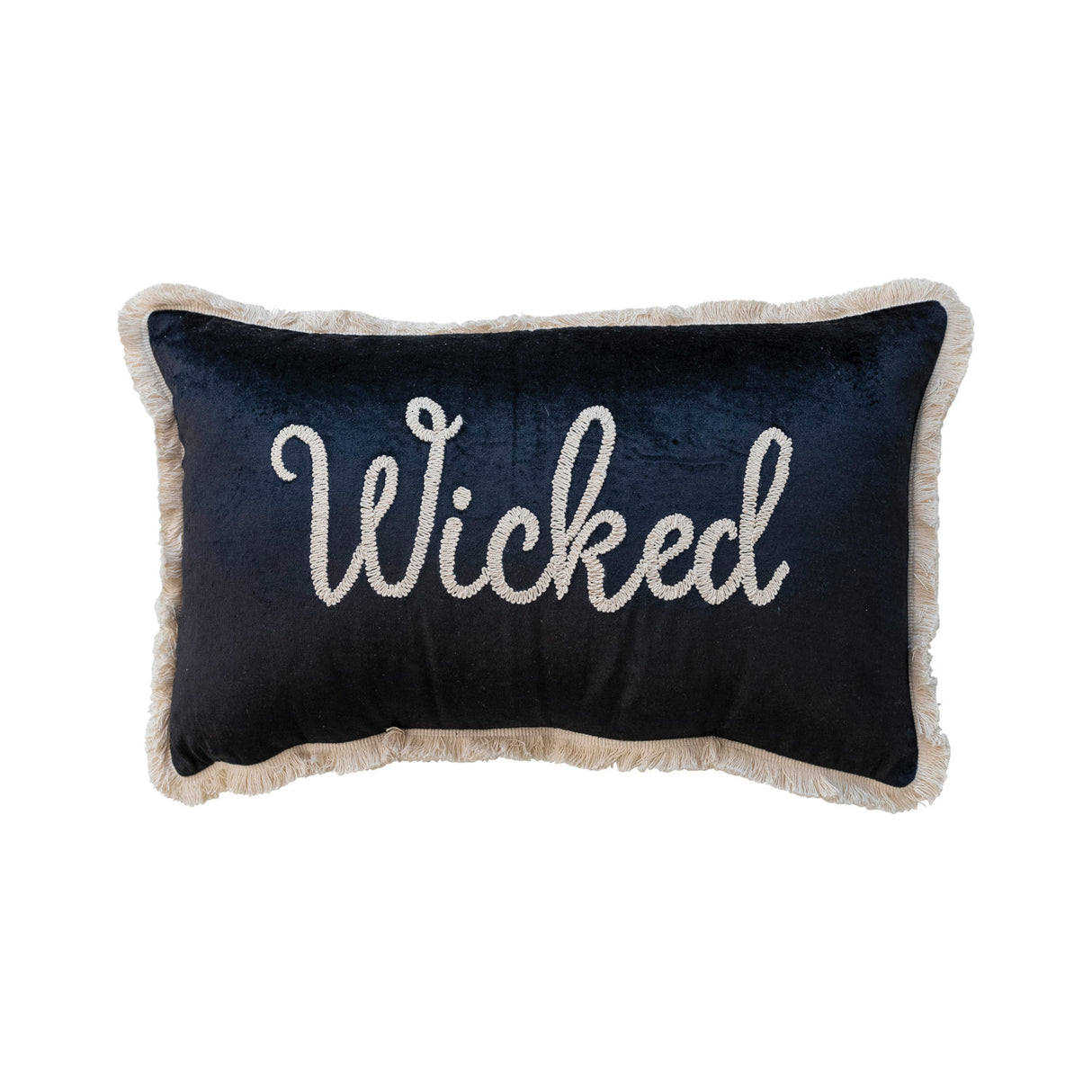 Cotton Velvet Lumbar Pillow w Embroidery -Fringe
