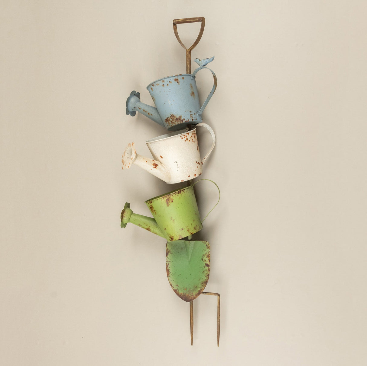 Stacked Watering Can & Shovel Stake