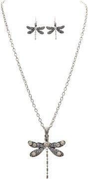 Silver Crystal Wings Dragonfly Necklace and Earrings