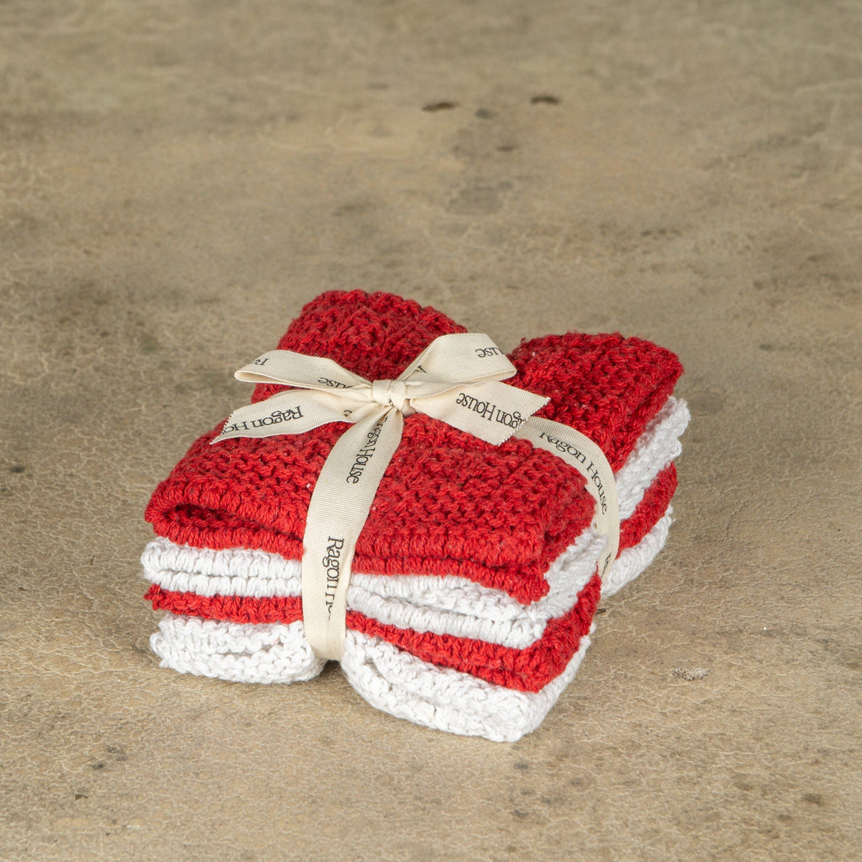 Set of 4 Red & White Knit Washcloths
