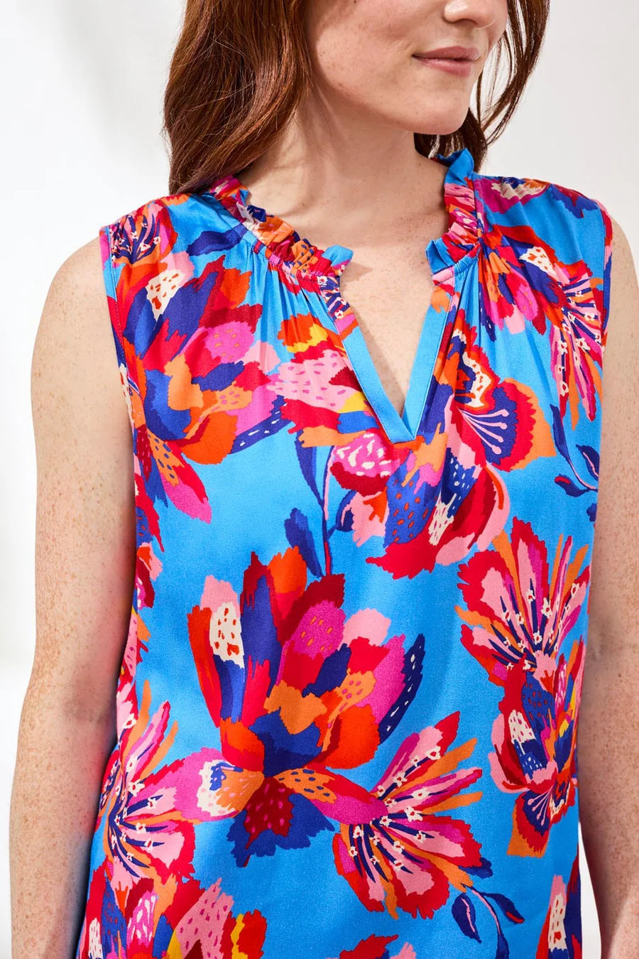 Notch Neck Frill Detail Printed Blouse