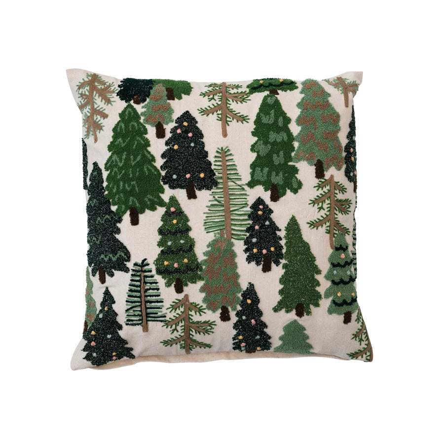 20" Sq Cotton Slub Embroidered Tree Pillow