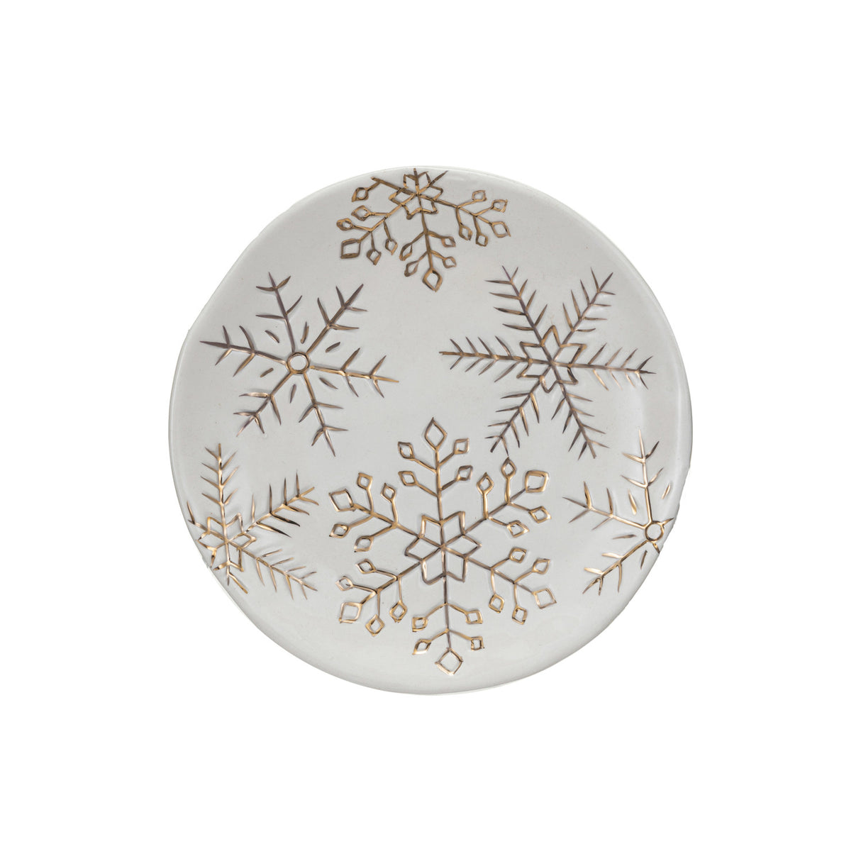 Stoneware Plate w Gold Electroplated Snowflakes -White