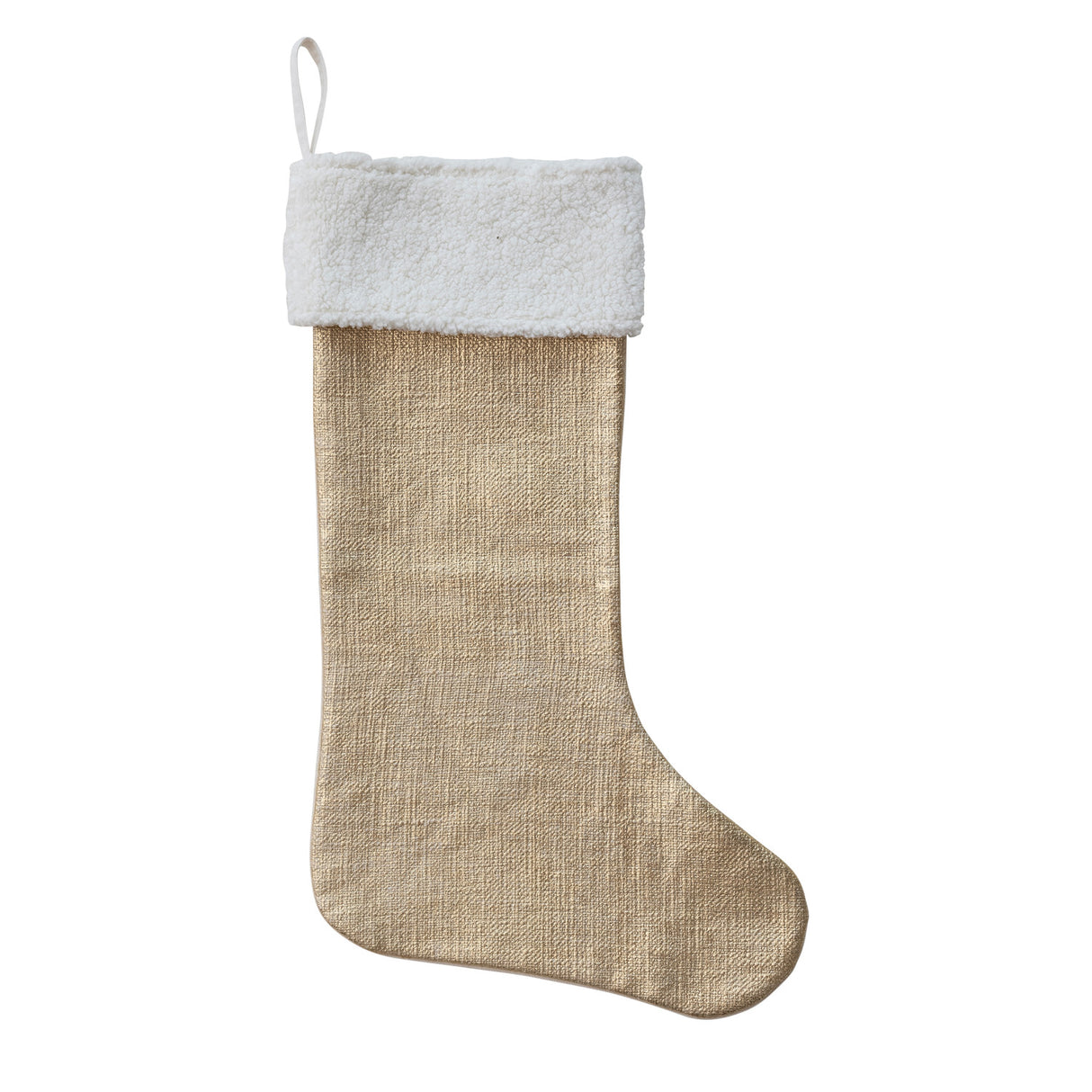 Two-Sided Cotton Slub & Foil Stocking with Faux Sherpa Cuff, White & Gold Color