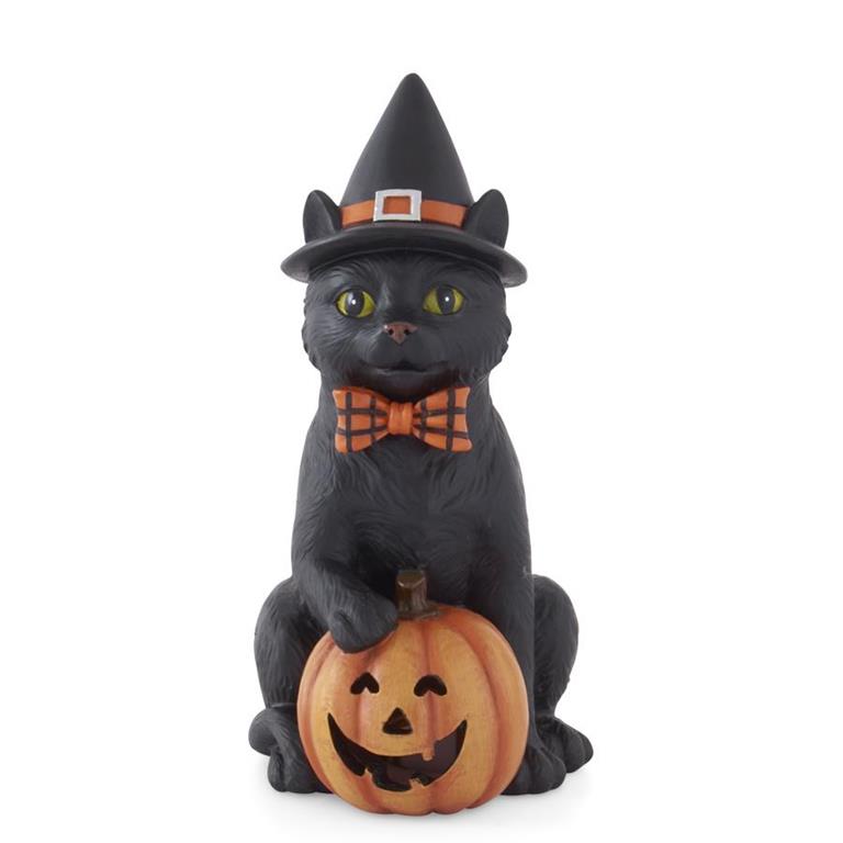 7.5" Black Resin Cat w/Witch Hat