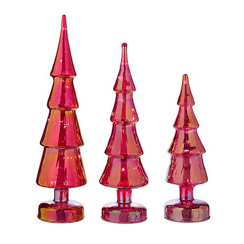 16" Lighted Red Iridescent Glass Trees