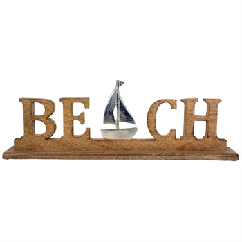 22" Wood Beach Word Figure W/ Metal Boat